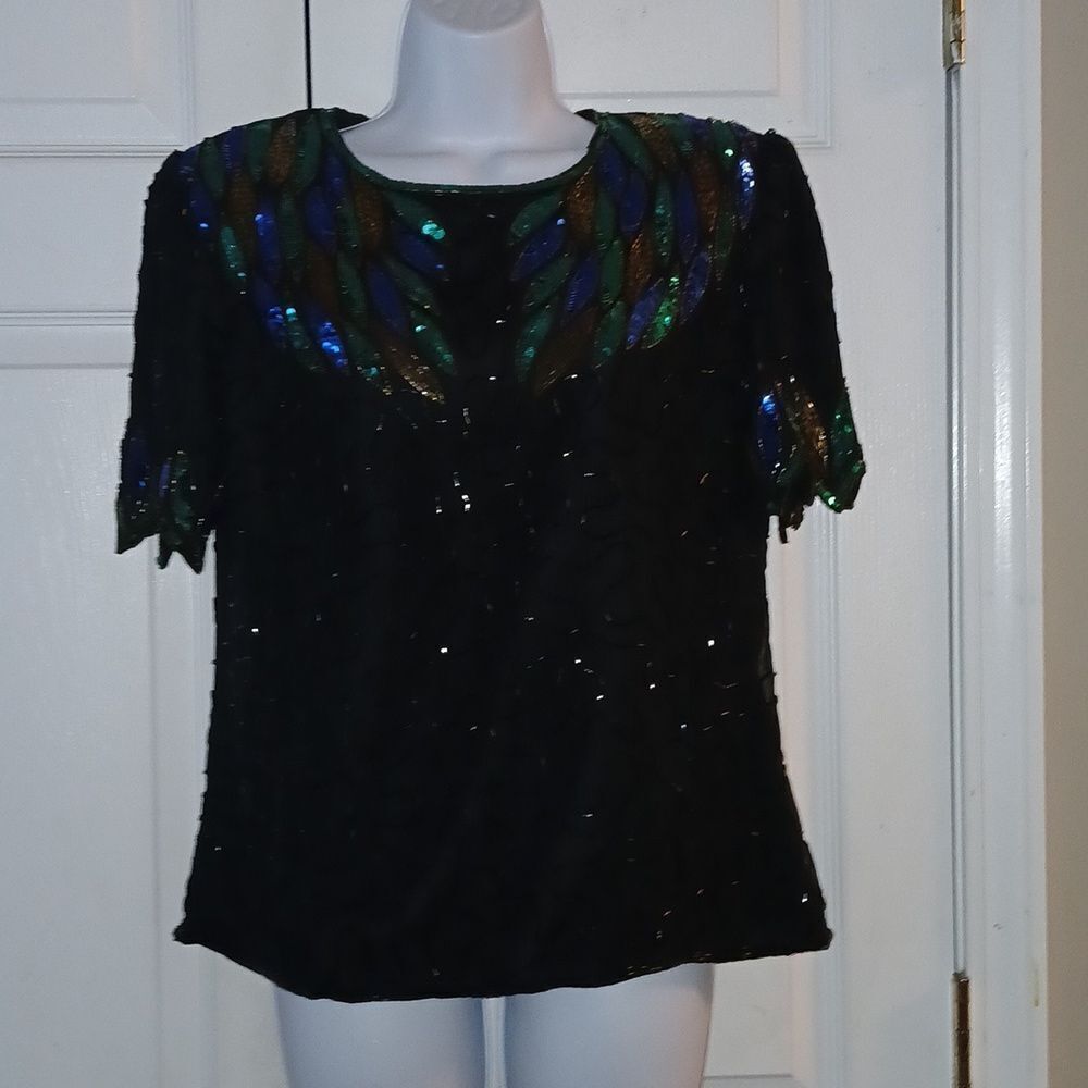 Denise Elle black  blue green beaded sequin vintage blouse  Sz PM